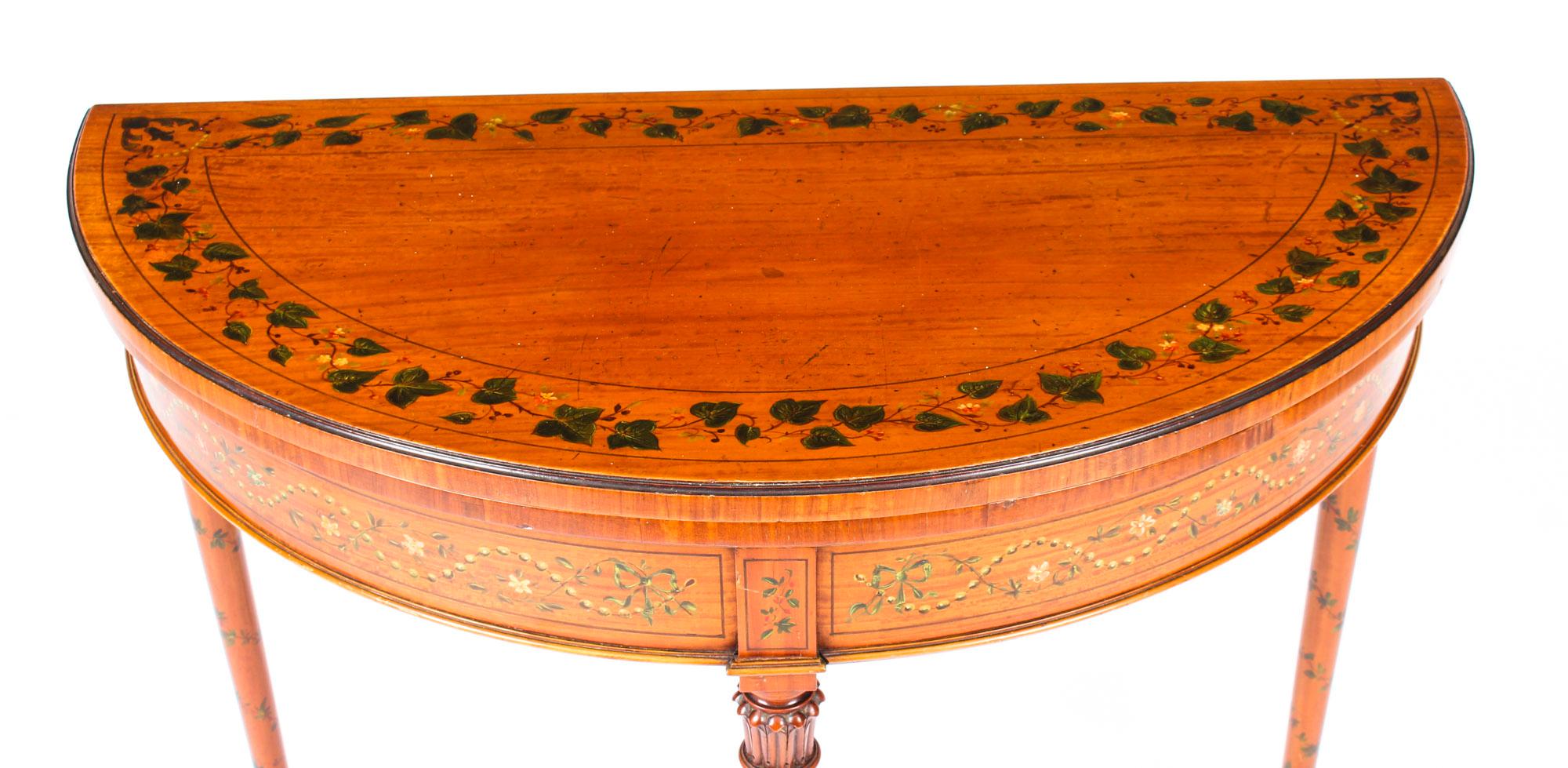 Hand-Painted Antique Hand Painted Satinwood Demi-Lune Card Console Table, 19th Century