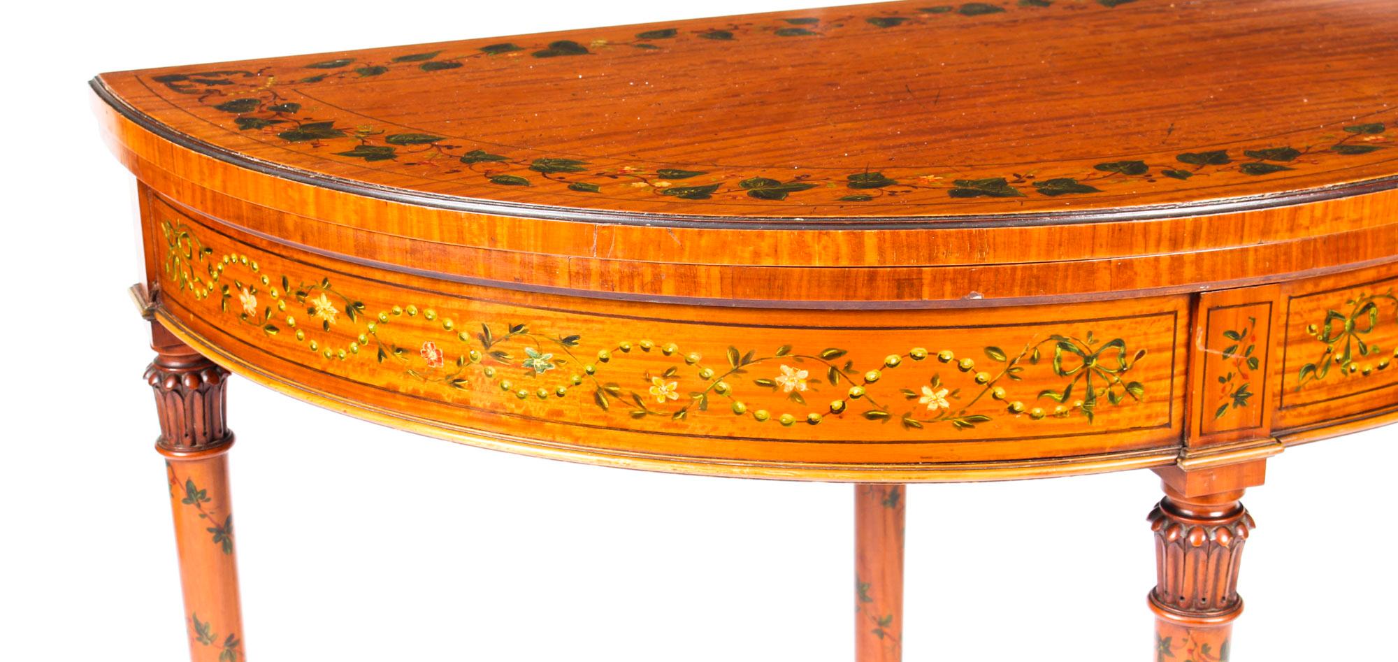 Antique Hand Painted Satinwood Demi-Lune Card Console Table, 19th Century In Good Condition In London, GB