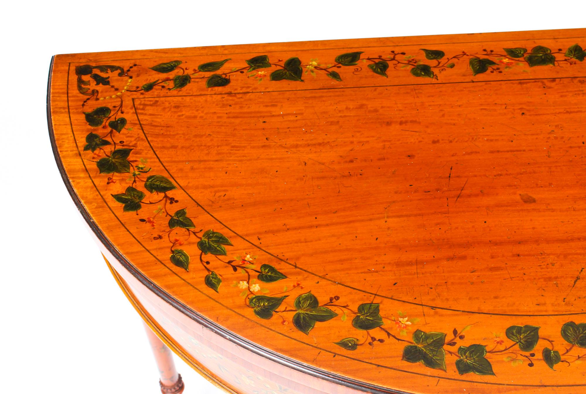 Late 19th Century Antique Hand Painted Satinwood Demi-Lune Card Console Table, 19th Century