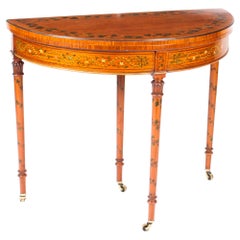 Antique Hand Painted Satinwood Demi-Lune Card Console Table, 19th Century