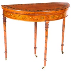 Used Hand Painted Satinwood Demi-Lune Card Console Table, 19th C