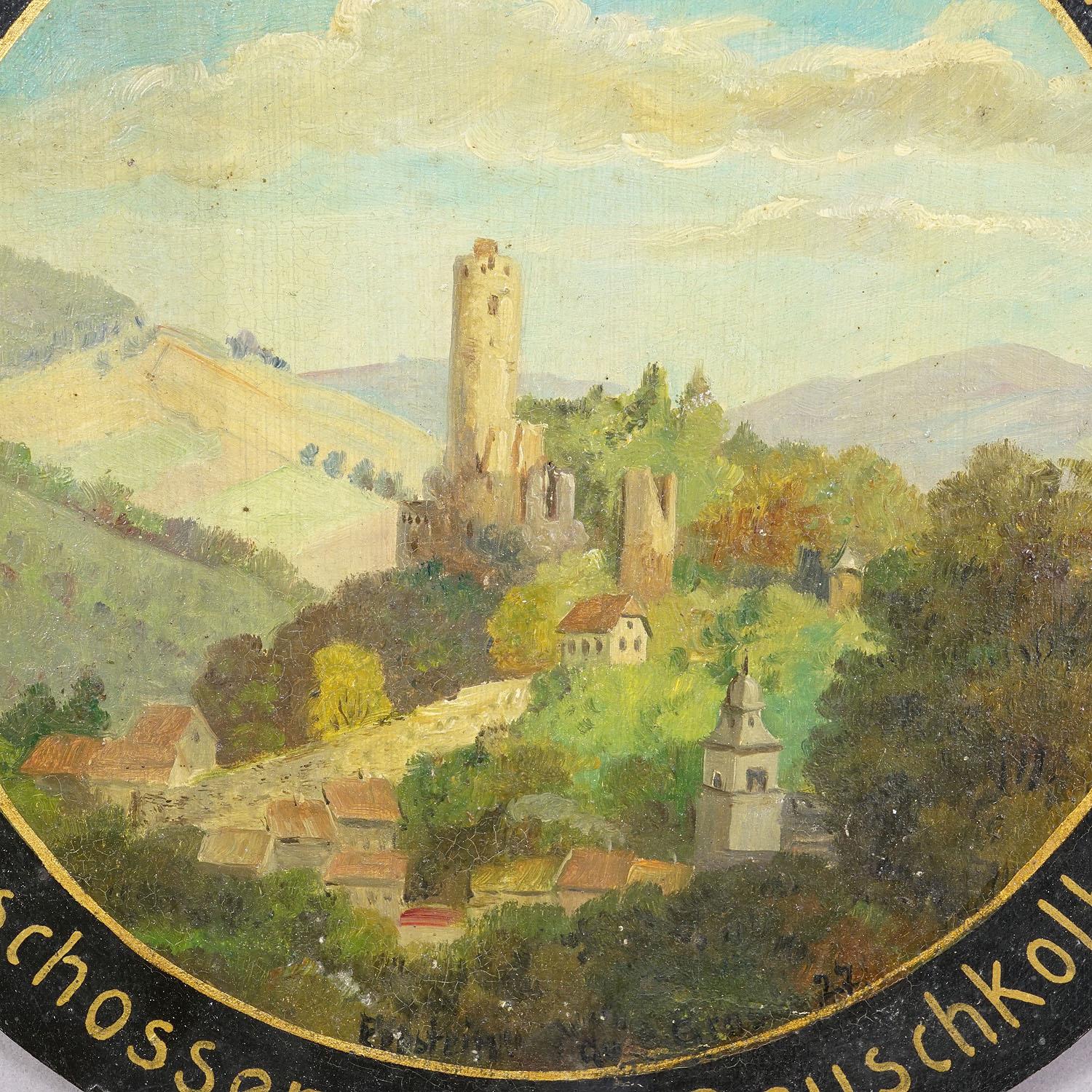 Diana de Tiro Antigua Pintada a Mano con Castillo Eppstein

Una placa antigua de diana de tiro pintada a mano. El blanco de honor de madera muestra el castillo de Eppstein, en Hesse, Alemania. Pintado a mano en Alemania hacia 1930.

La diana de