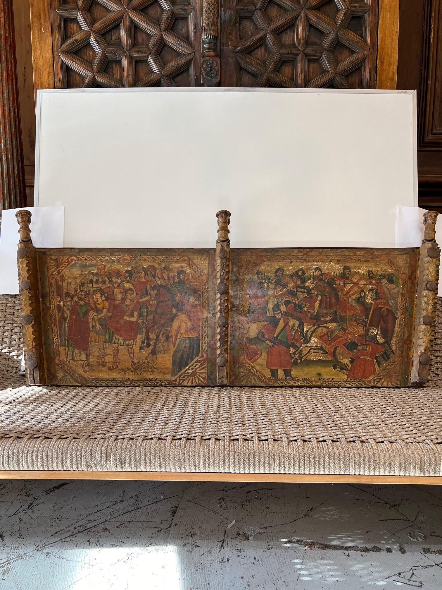 Antique carved wood hand painted Sicilian wedding or festival cart panel depicting historical events in Milan Italy.  Originally these horse drawn carts were created as a means to transport fruit, food, grains, etc. but were transformed into a