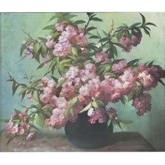 Antique Hand-Painted Still Life Oil on Canvas, Cherry Blossoms by E. Devos