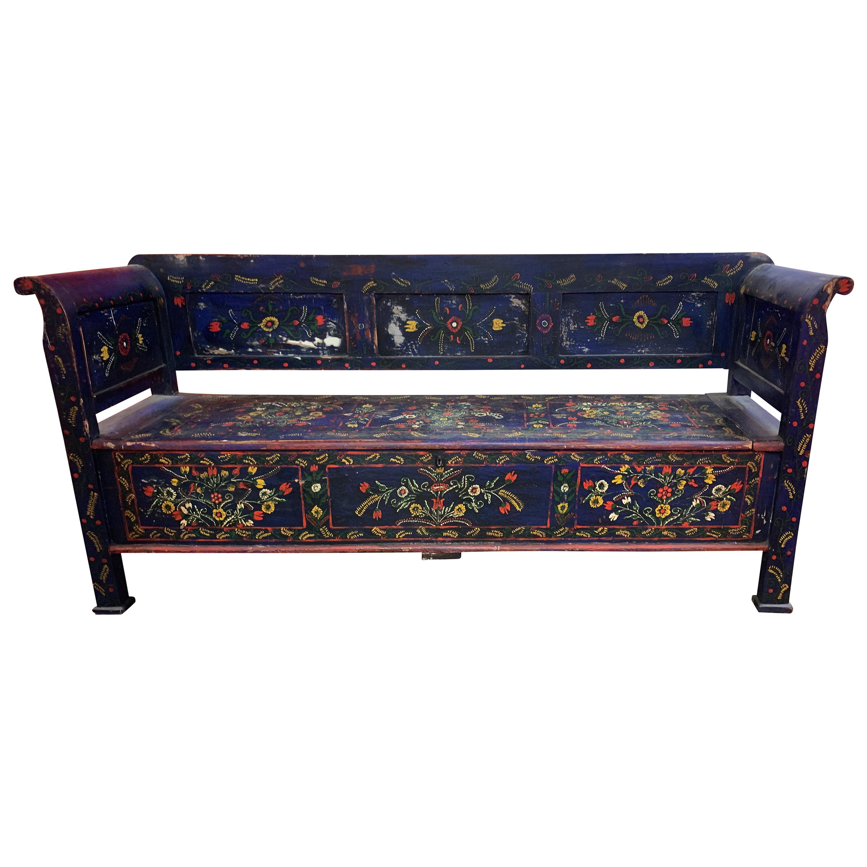 Antique Hand Painted Swedish Bench with Storage