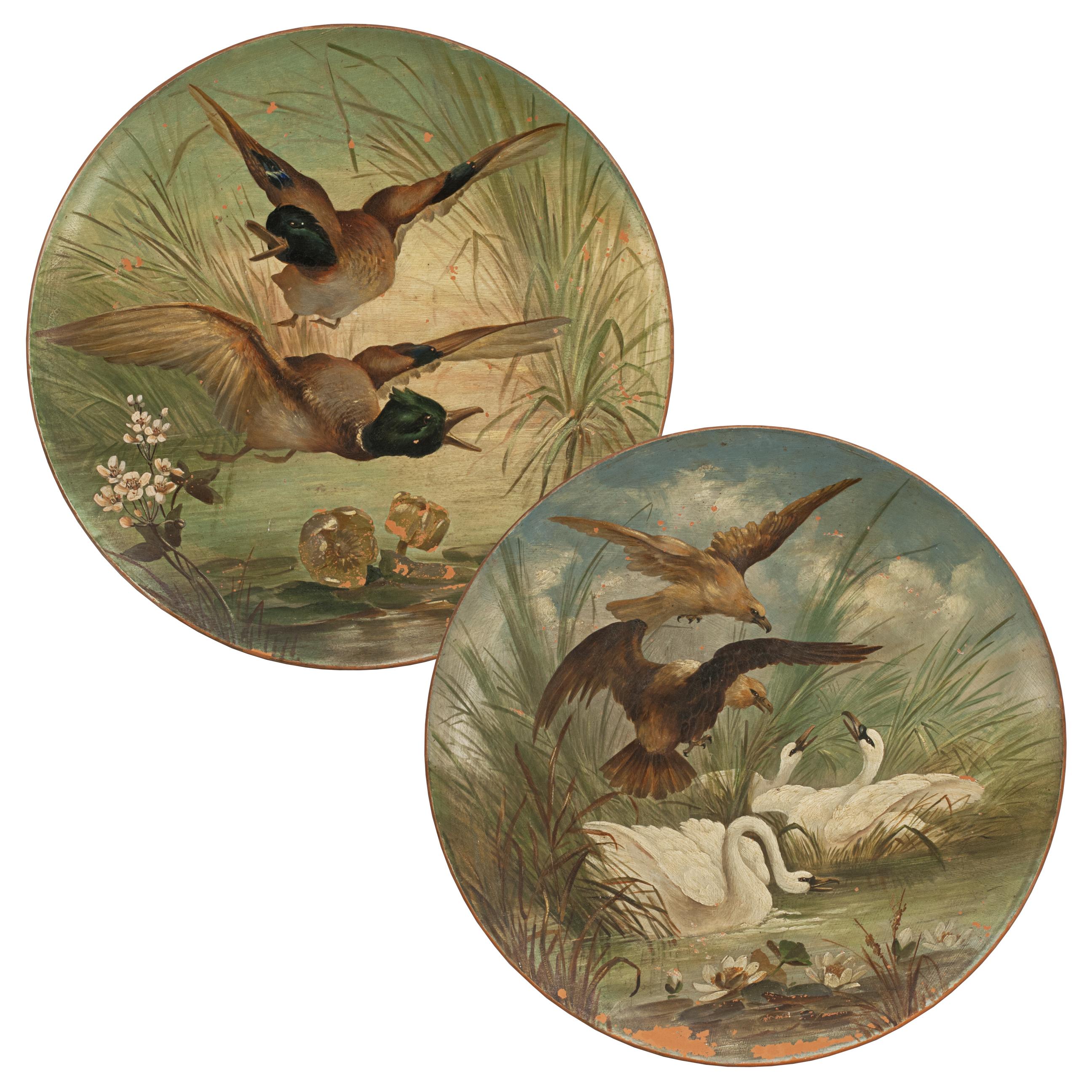 Antique Hand Painted Terracotta Hunting, Shooting Dishes, 1890