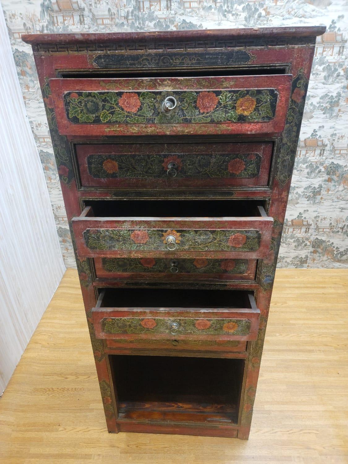 Antique Hand Painted Tibetan Cabinet with Drawers and Display Shelf In Good Condition For Sale In Chicago, IL