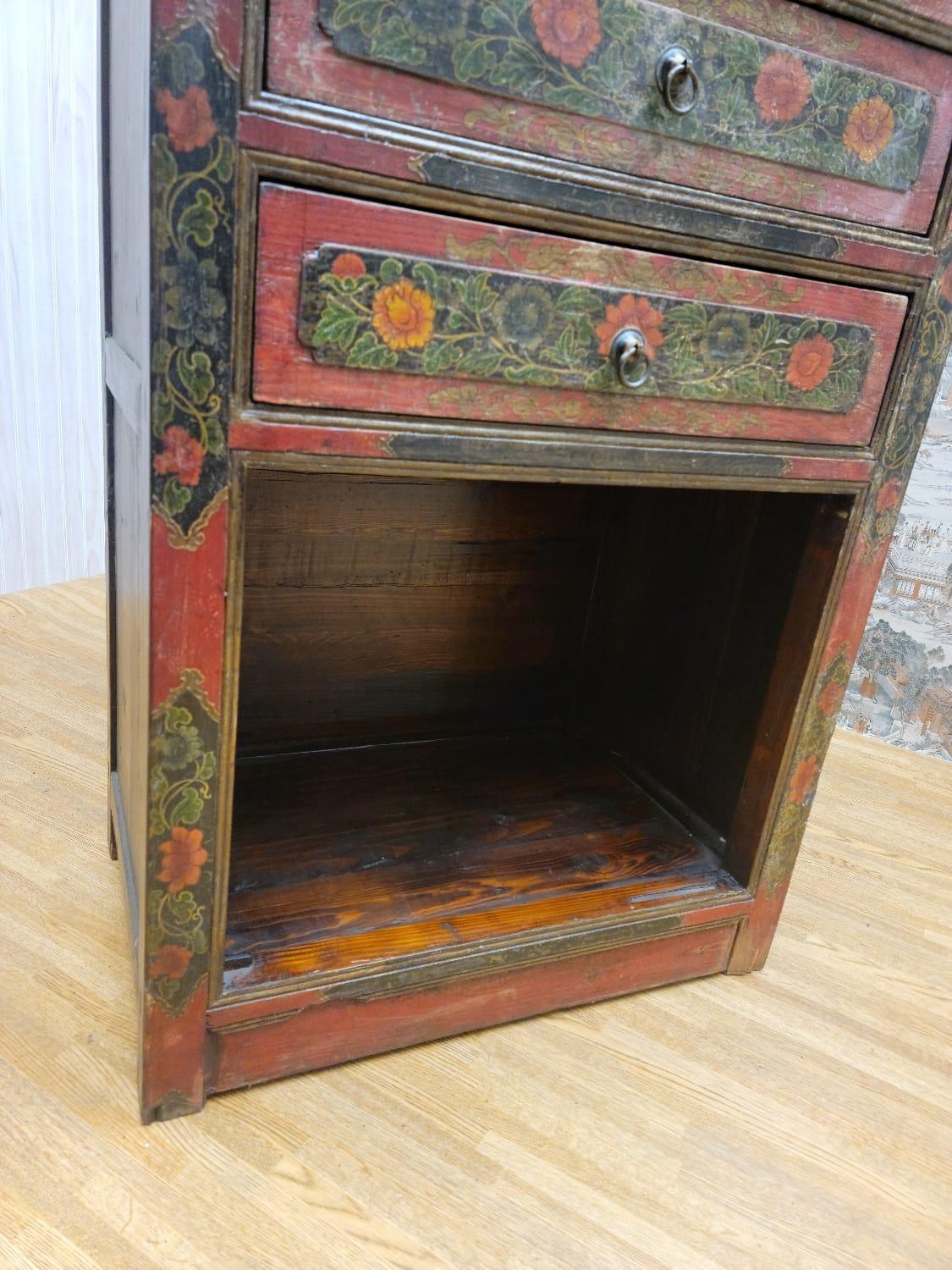 Early 20th Century Antique Hand Painted Tibetan Cabinet with Drawers and Display Shelf For Sale