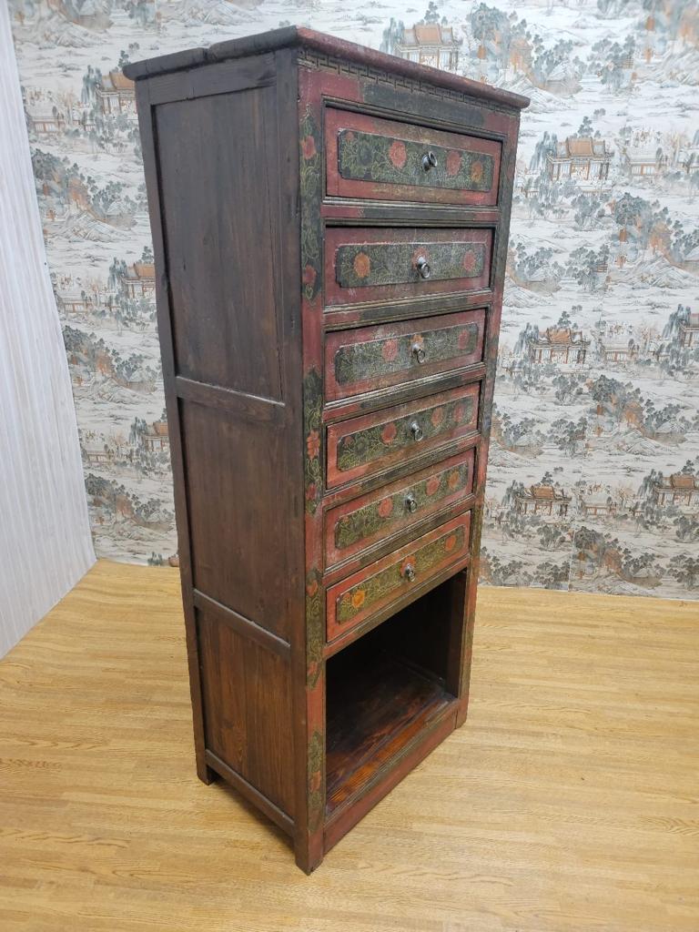 Wood Antique Hand Painted Tibetan Cabinet with Drawers and Display Shelf For Sale