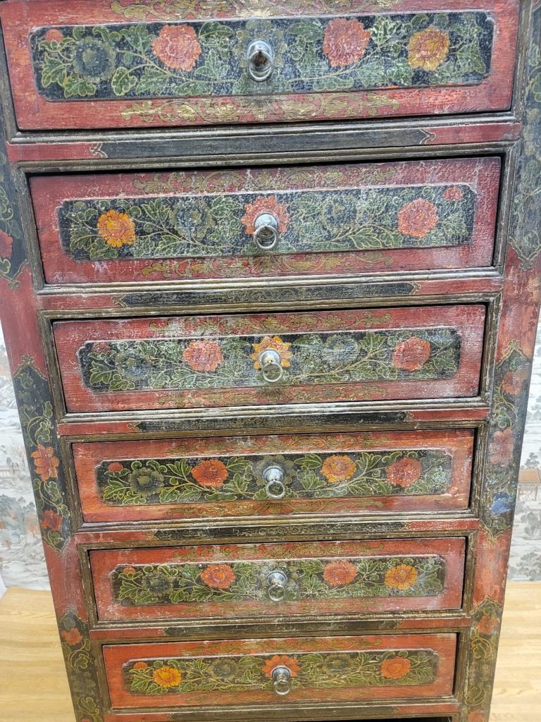 Antique Hand Painted Tibetan Cabinet with Drawers and Display Shelf For Sale 1