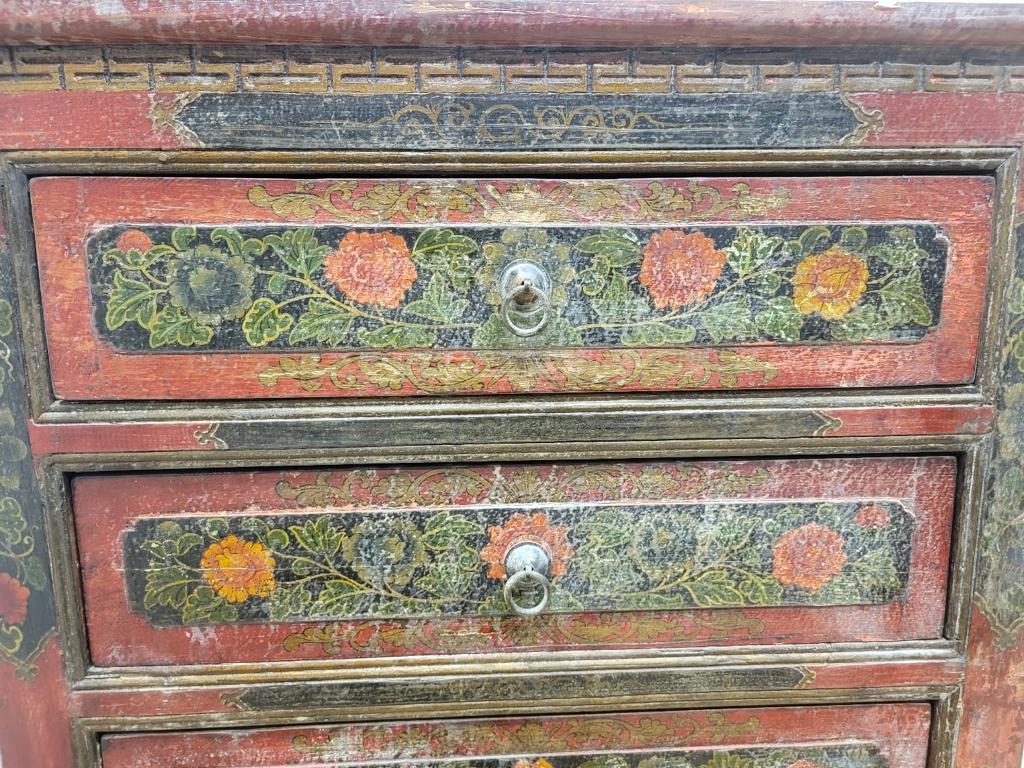 Antique Hand Painted Tibetan Cabinet with Drawers and Display Shelf For Sale 3