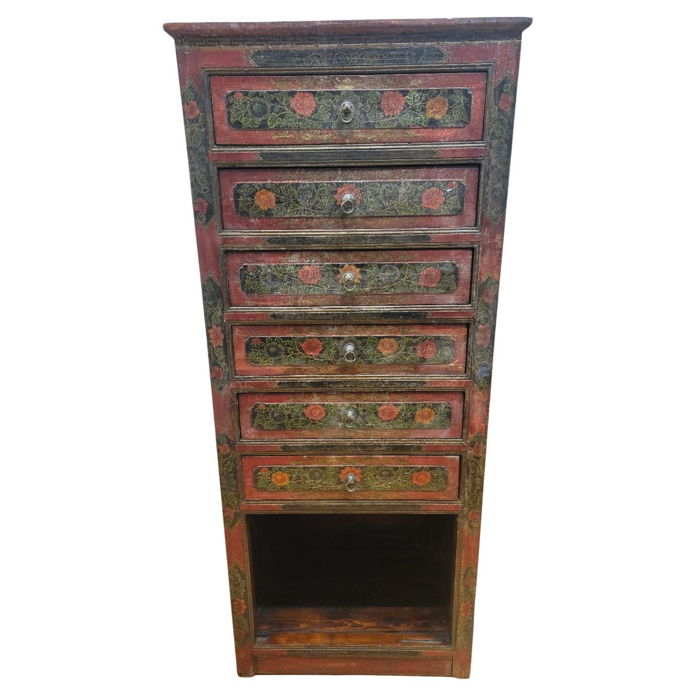 Antique Hand Painted Tibetan Cabinet with Drawers and Display Shelf For Sale