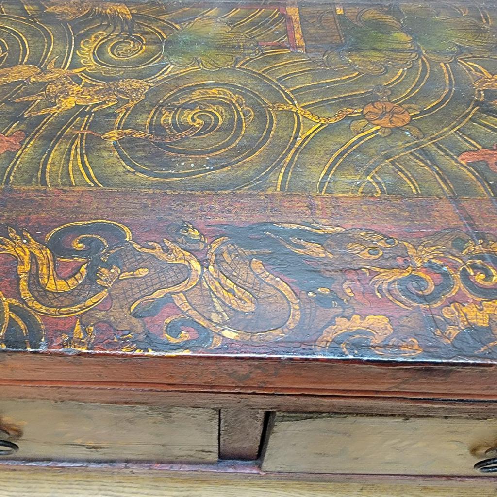 Antique Hand Painted Tibetan Elm Low Square Coffee Table with 3 Storage Drawers For Sale 7