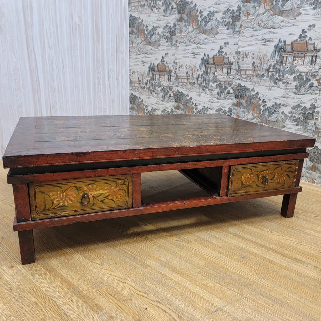 Antique Hand Painted Tibetan Elm Low Square Coffee Table with 3 Storage Drawers For Sale 8