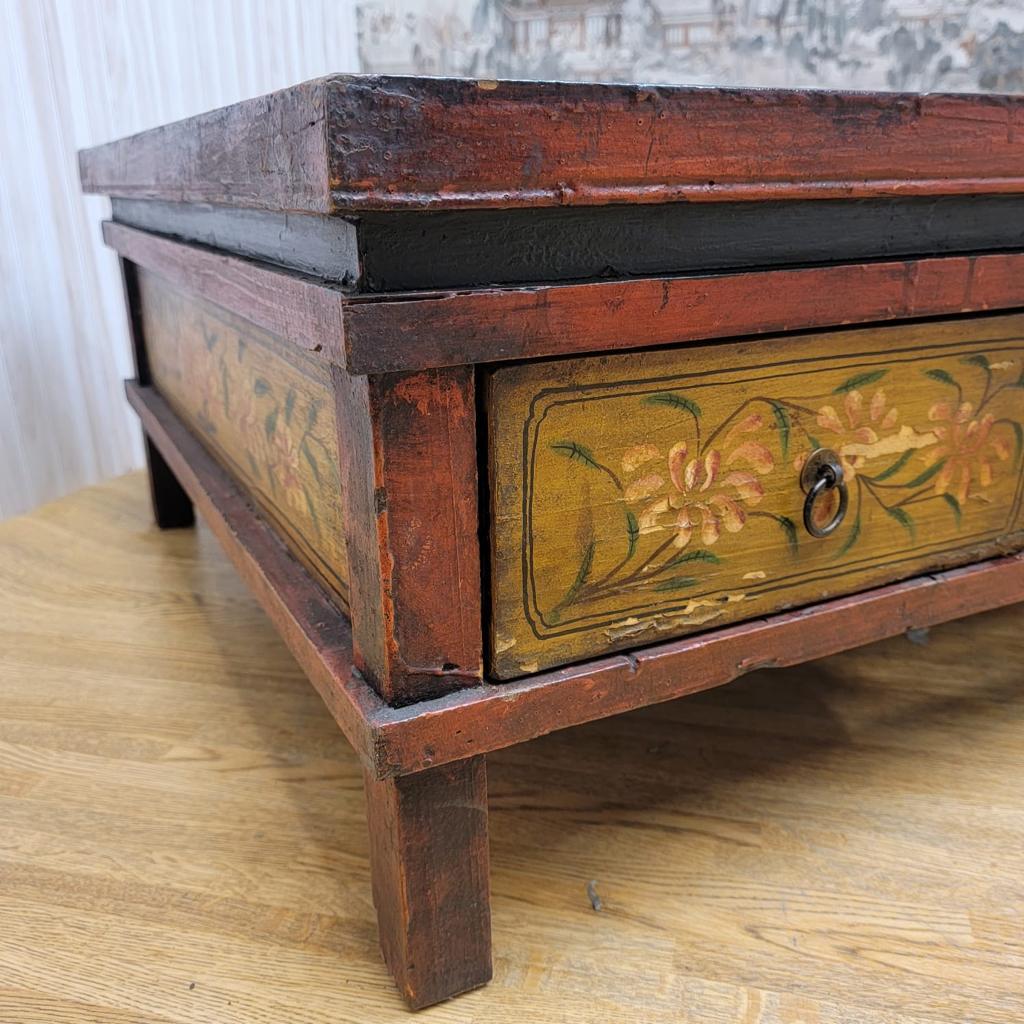 Antique Hand Painted Tibetan Elm Low Square Coffee Table with 3 Storage Drawers For Sale 9