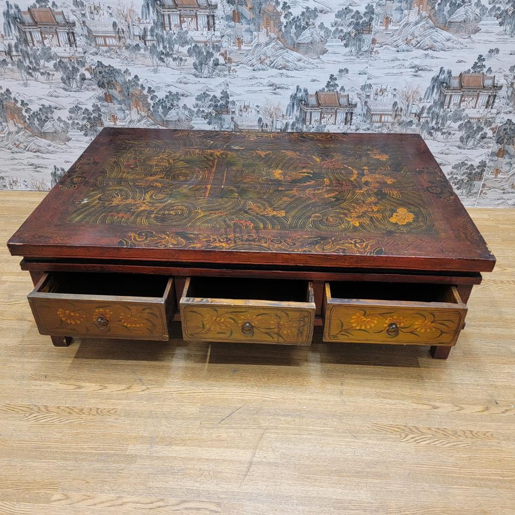 Antique Hand Painted Tibetan Elm Low Square Coffee Table with 3 Storage Drawers For Sale 10