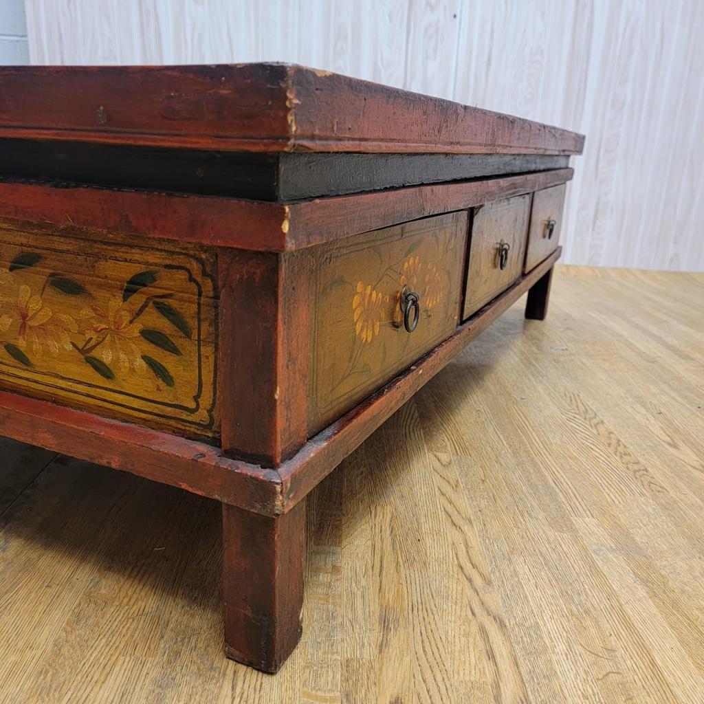 Antique Hand Painted Tibetan Elm Low Square Coffee Table with 3 Storage Drawers For Sale 11