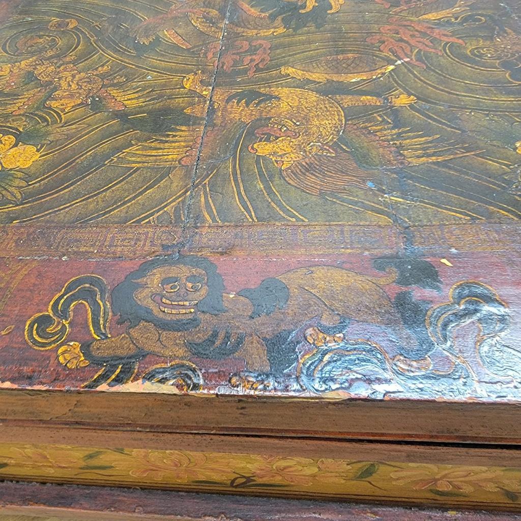 Antique Hand Painted Tibetan Elm Low Square Coffee Table with 3 Storage Drawers For Sale 12