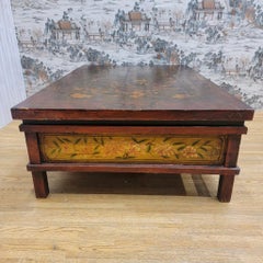 Antique Hand Painted Tibetan Elm Low Square Coffee Table with 3 Storage Drawers