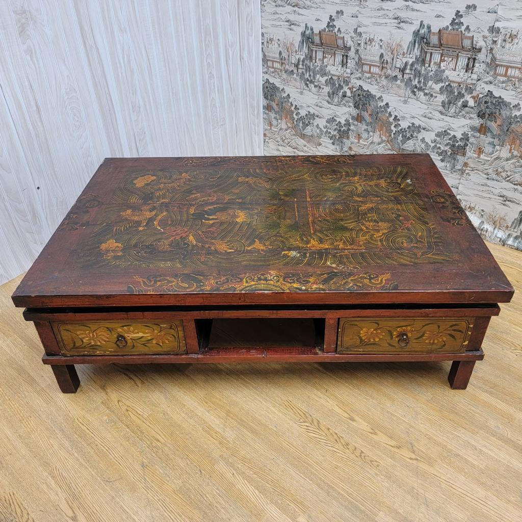Antique Hand Painted Tibetan Elm Low Square Coffee Table with 3 Storage Drawers In Good Condition For Sale In Chicago, IL