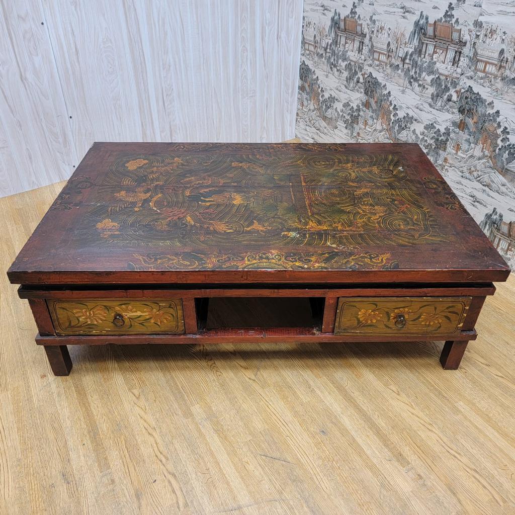 Late 19th Century Antique Hand Painted Tibetan Elm Low Square Coffee Table with 3 Storage Drawers For Sale
