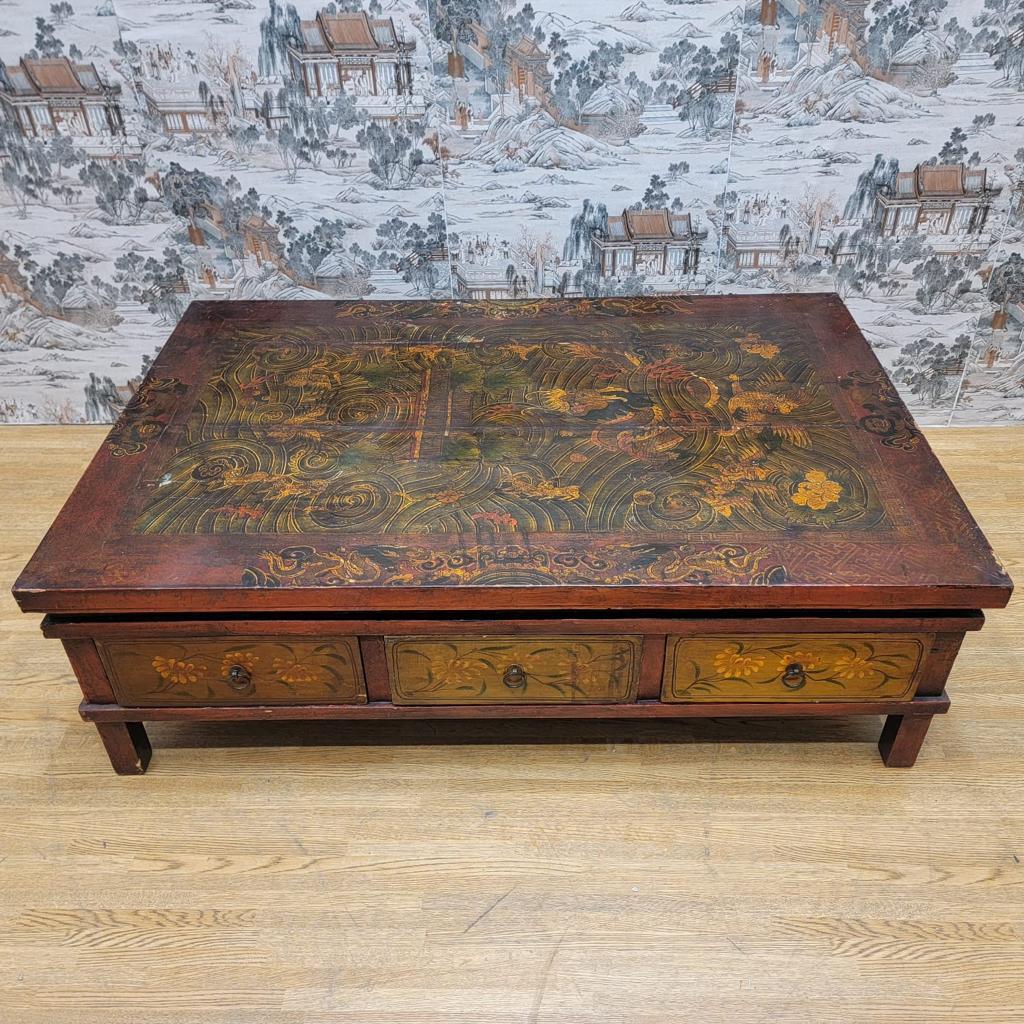Antique Hand Painted Tibetan Elm Low Square Coffee Table with 3 Storage Drawers For Sale 1