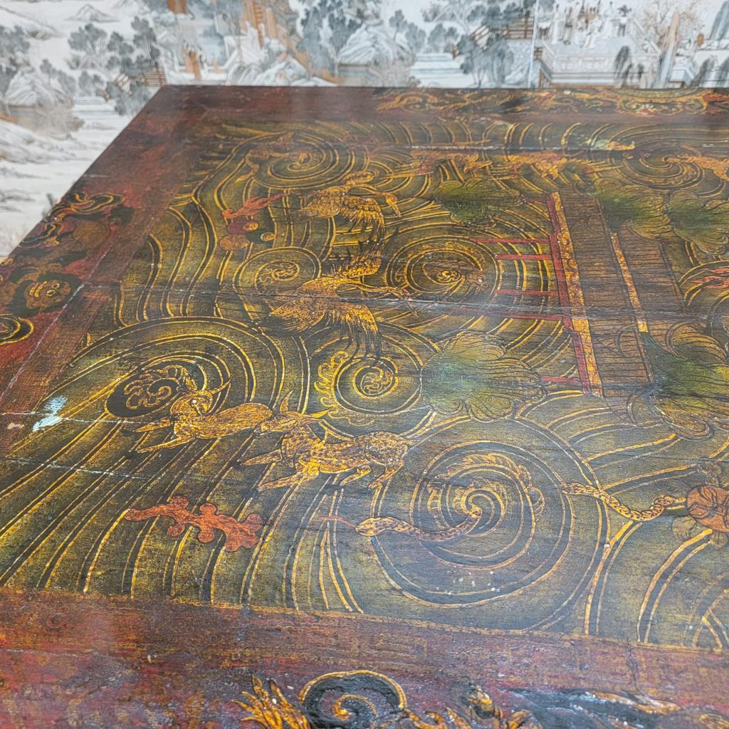 Antique Hand Painted Tibetan Elm Low Square Coffee Table with 3 Storage Drawers For Sale 2