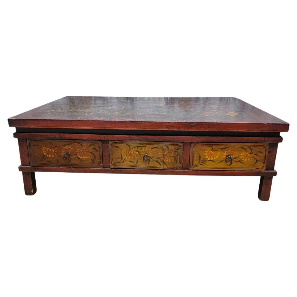 Antique Hand Painted Tibetan Elm Low Square Coffee Table with 3 Storage Drawers For Sale