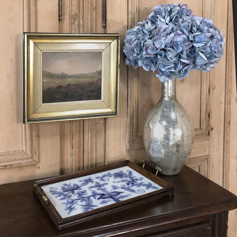 Antique hand painted tile serving tray features a wooden frame with hand painted tiles for a beautiful yet carefree surface for entertaining, a lovely stylized floral and foliate motif was produced using the flow blue method to create a singular