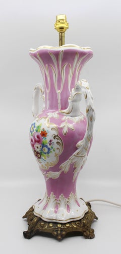 Antique Hand Painted Two Handled Porcelain Table Lamp