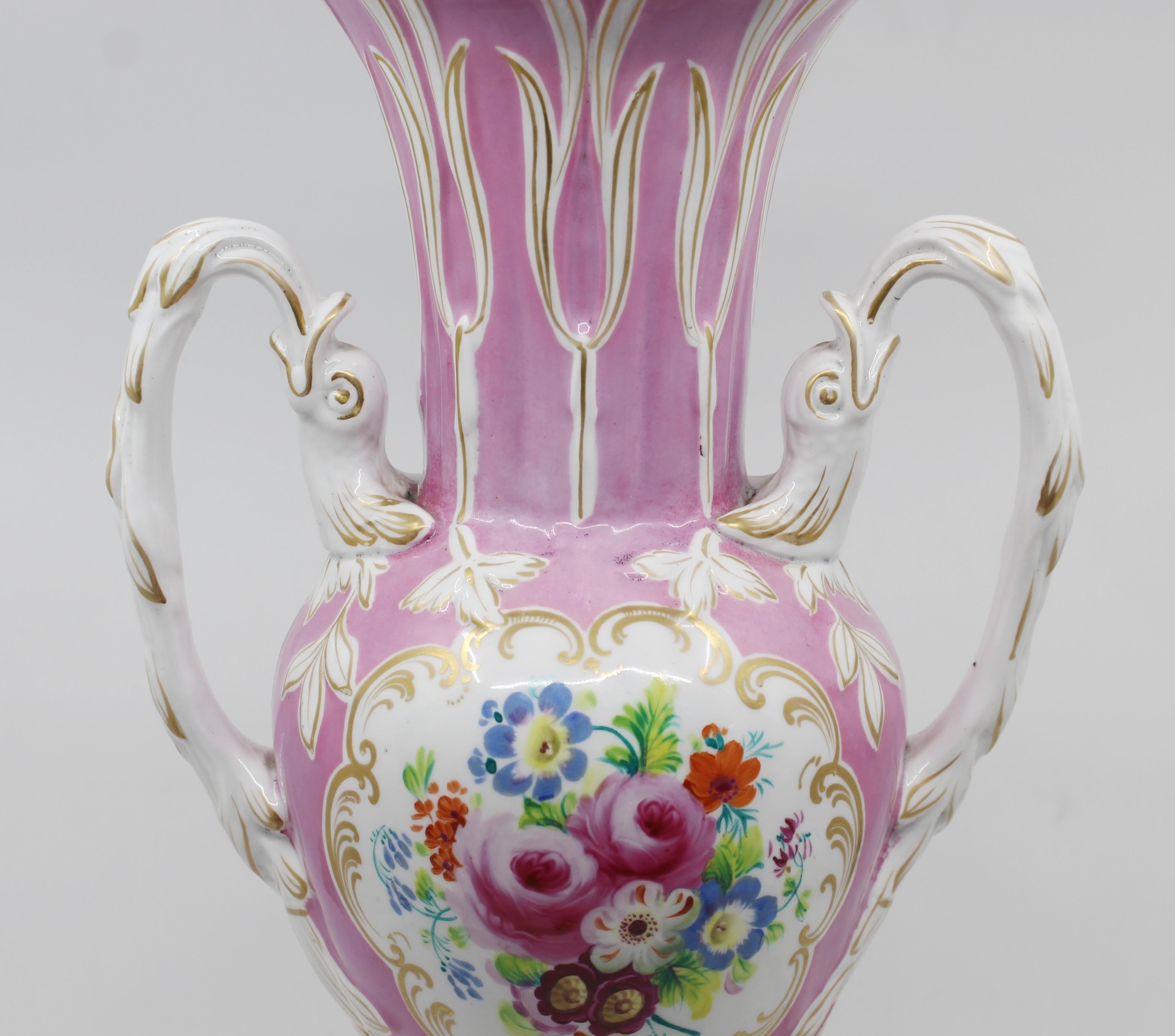 19th Century Antique Hand Painted Two Handled Porcelain Table Lamp For Sale