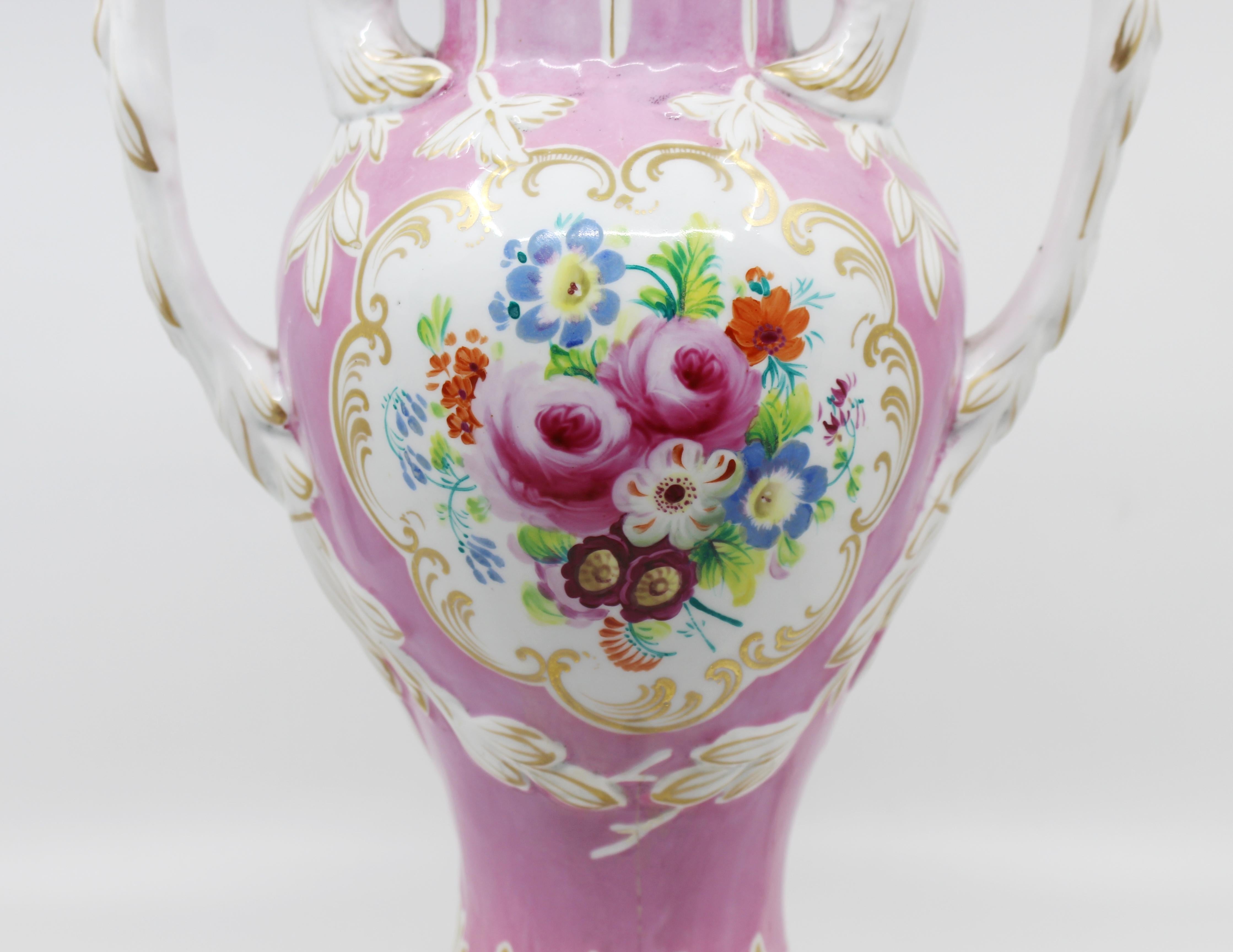 Antique Hand Painted Two Handled Porcelain Table Lamp For Sale 1