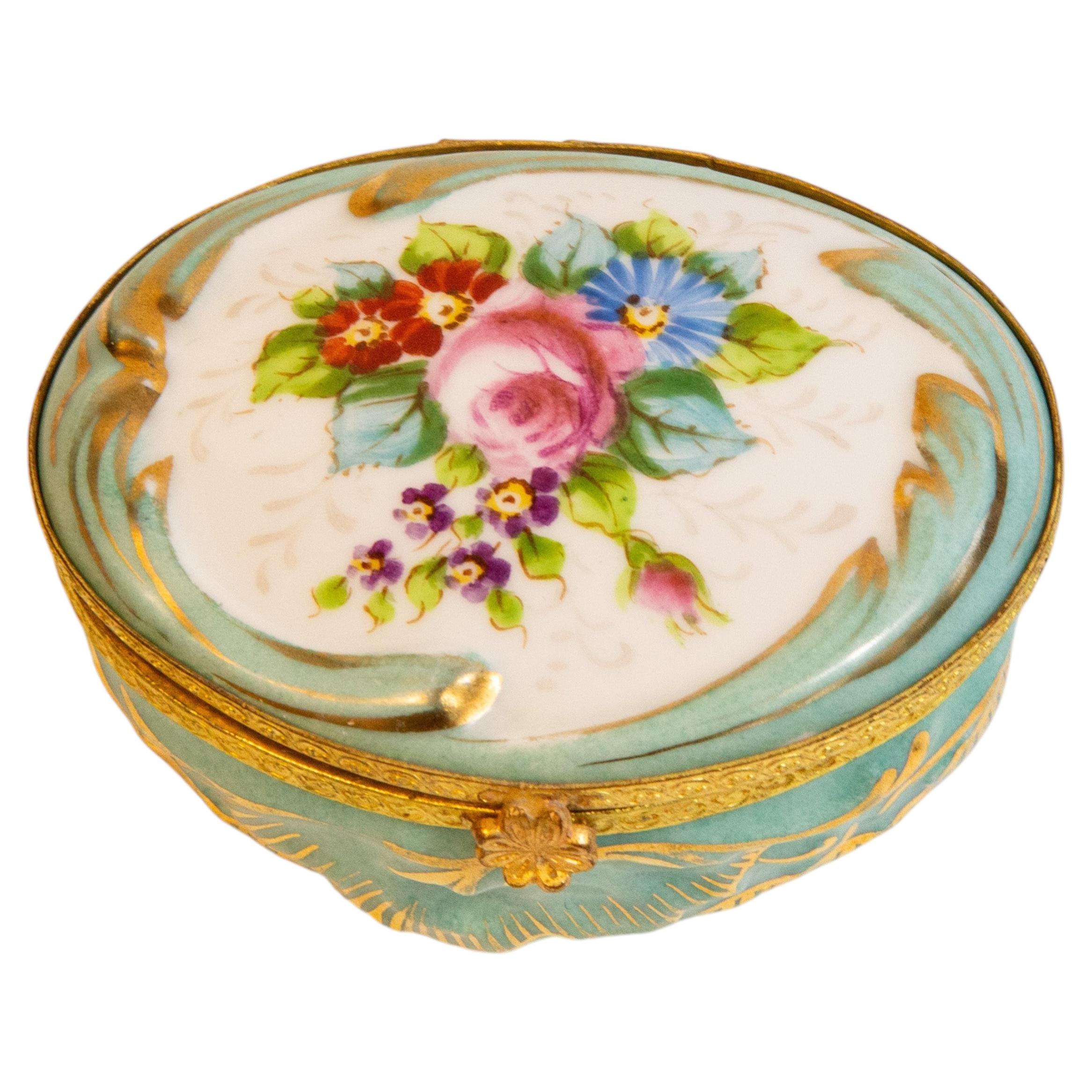 Antique Hand Painted with Floral Decoration Oval Trinket Box