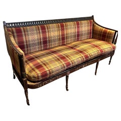 Antique Hand Painted Wood Setee with Open Fret Work & Plaid Upholstery