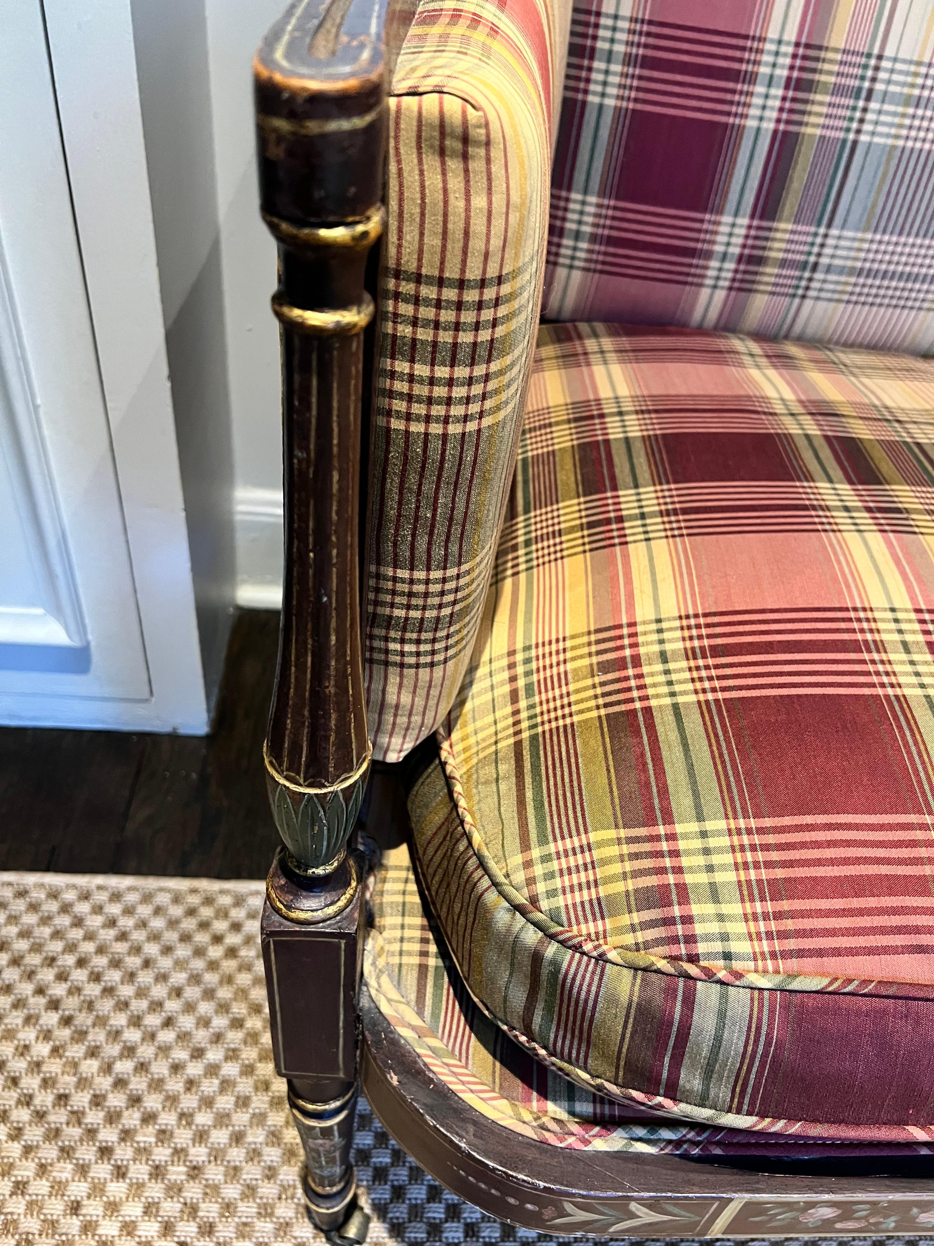 Antique Hand Painted Wood Setee with Open Fret Work & Plaid Upholstery In Good Condition For Sale In Kenilworth, IL