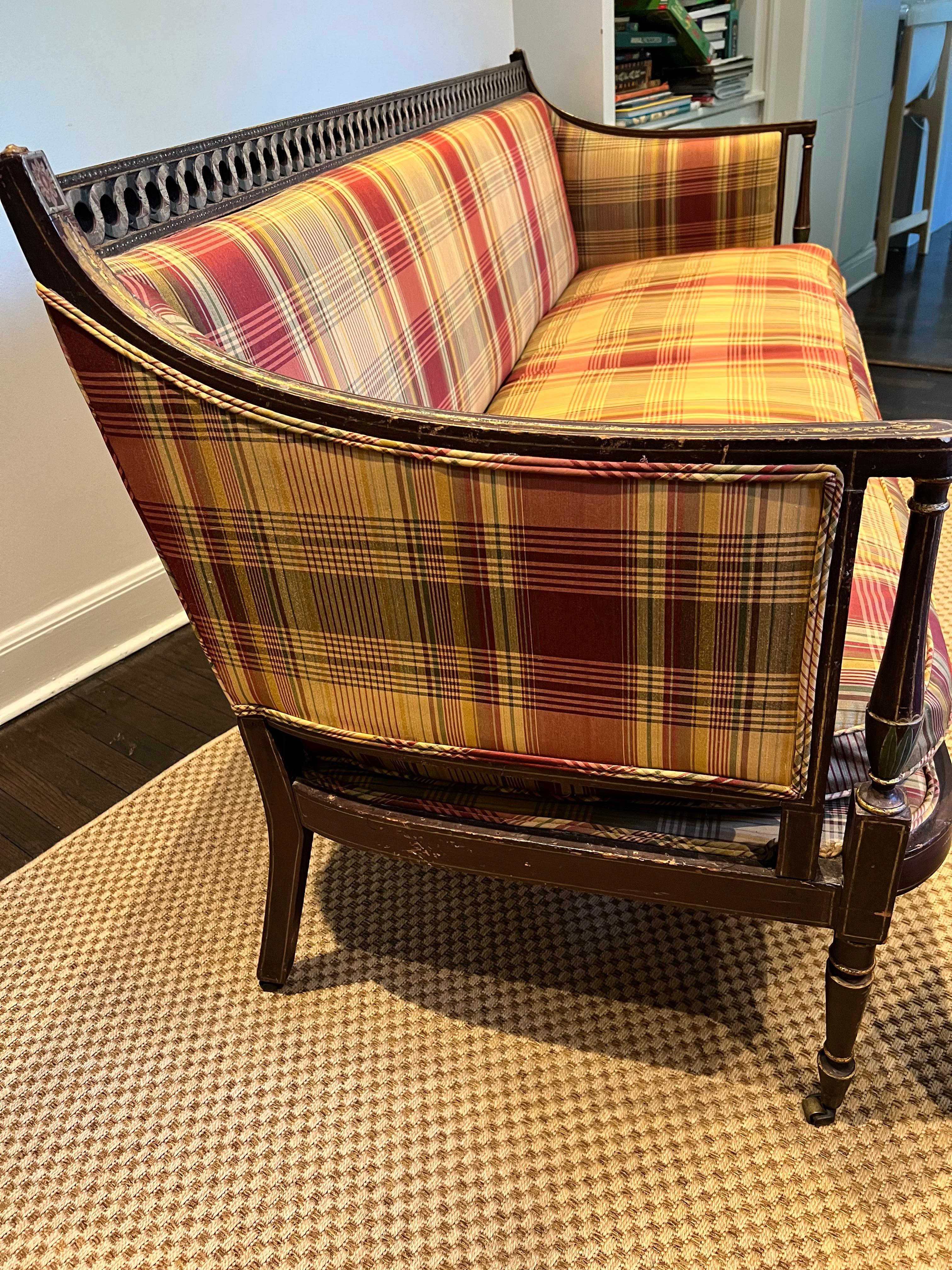 Cotton Antique Hand Painted Wood Setee with Open Fret Work & Plaid Upholstery For Sale