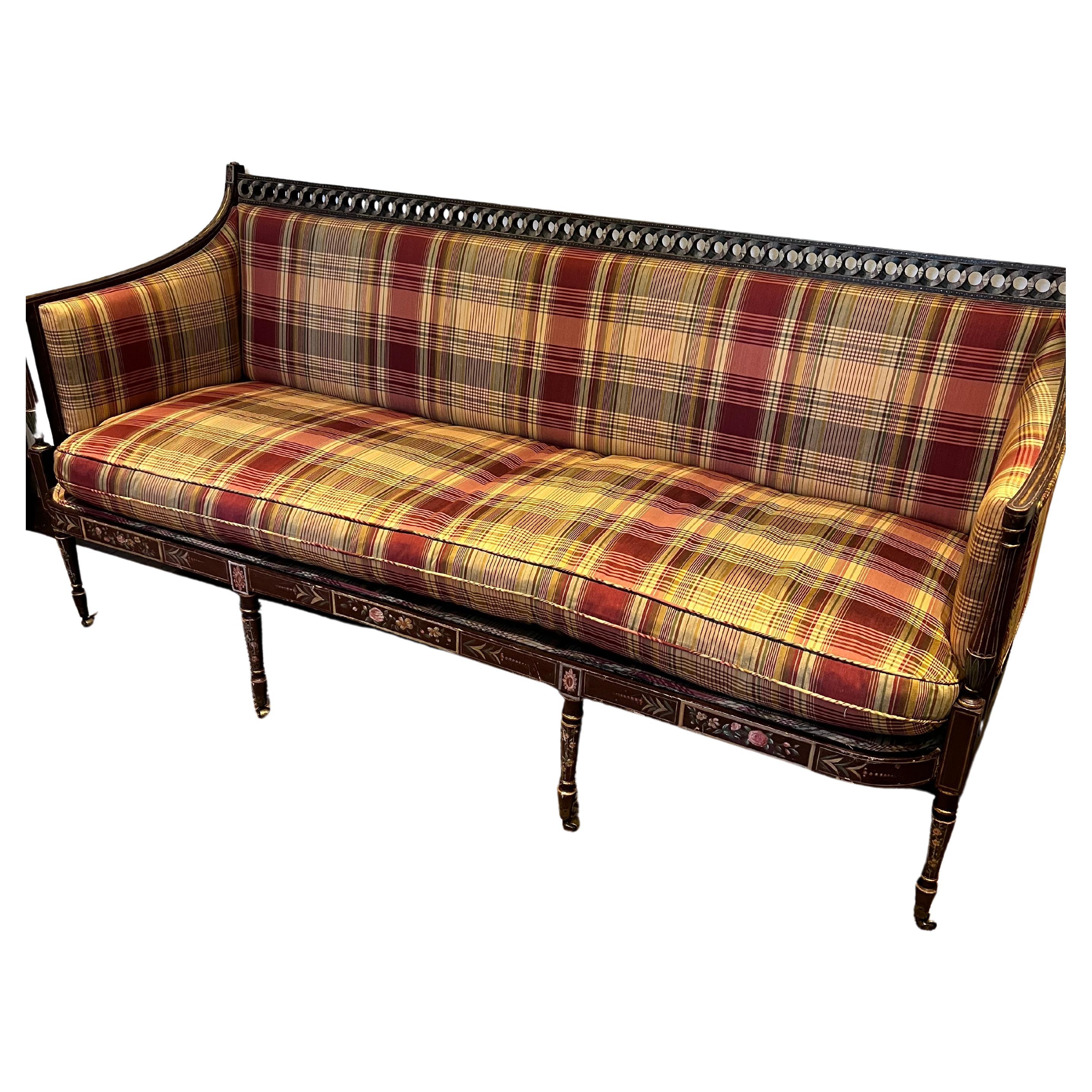 Antique Hand Painted Wood Setee with Open Fret Work & Plaid Upholstery For Sale