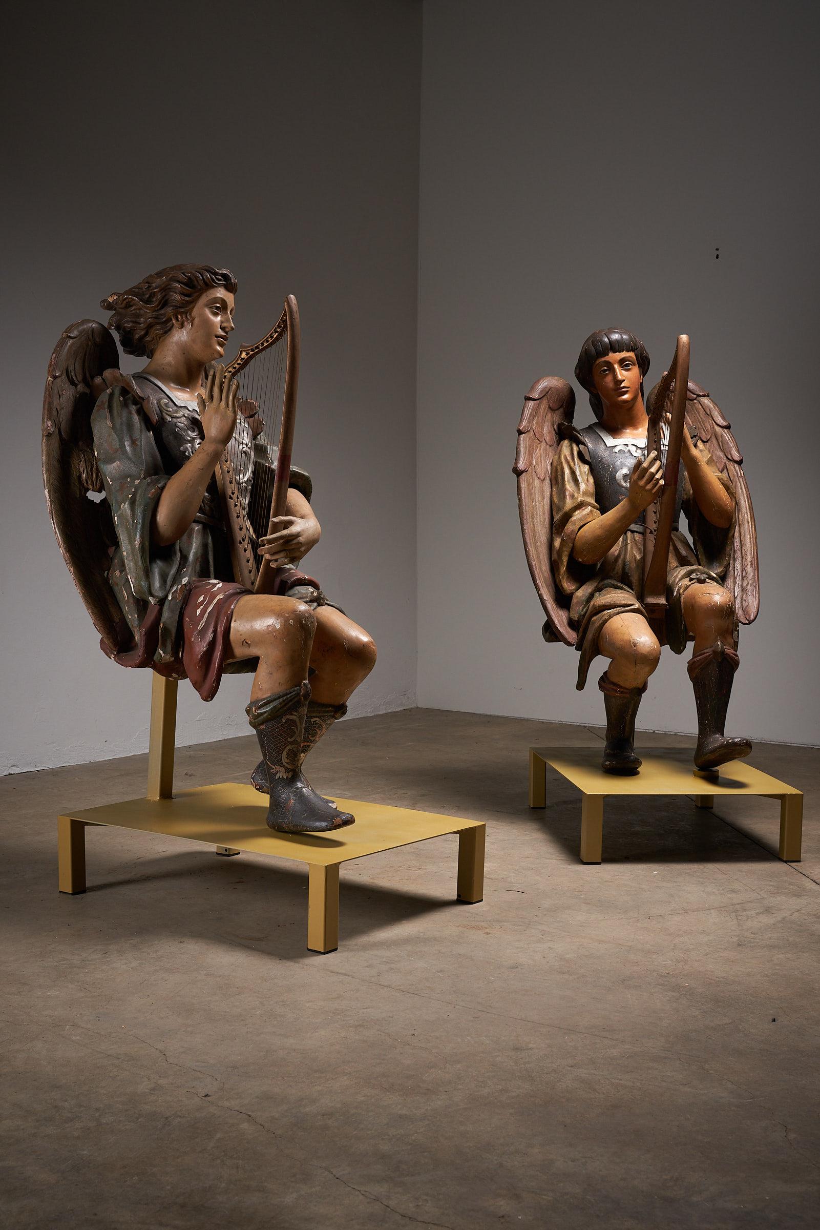 Antique Hand-Painted Wooden Angel & Harp Sculpture, 19th Century Religious Art For Sale 5