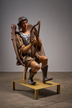 Antique Hand-Painted Wooden Angel & Harp Sculpture, 19th Century Religious Art