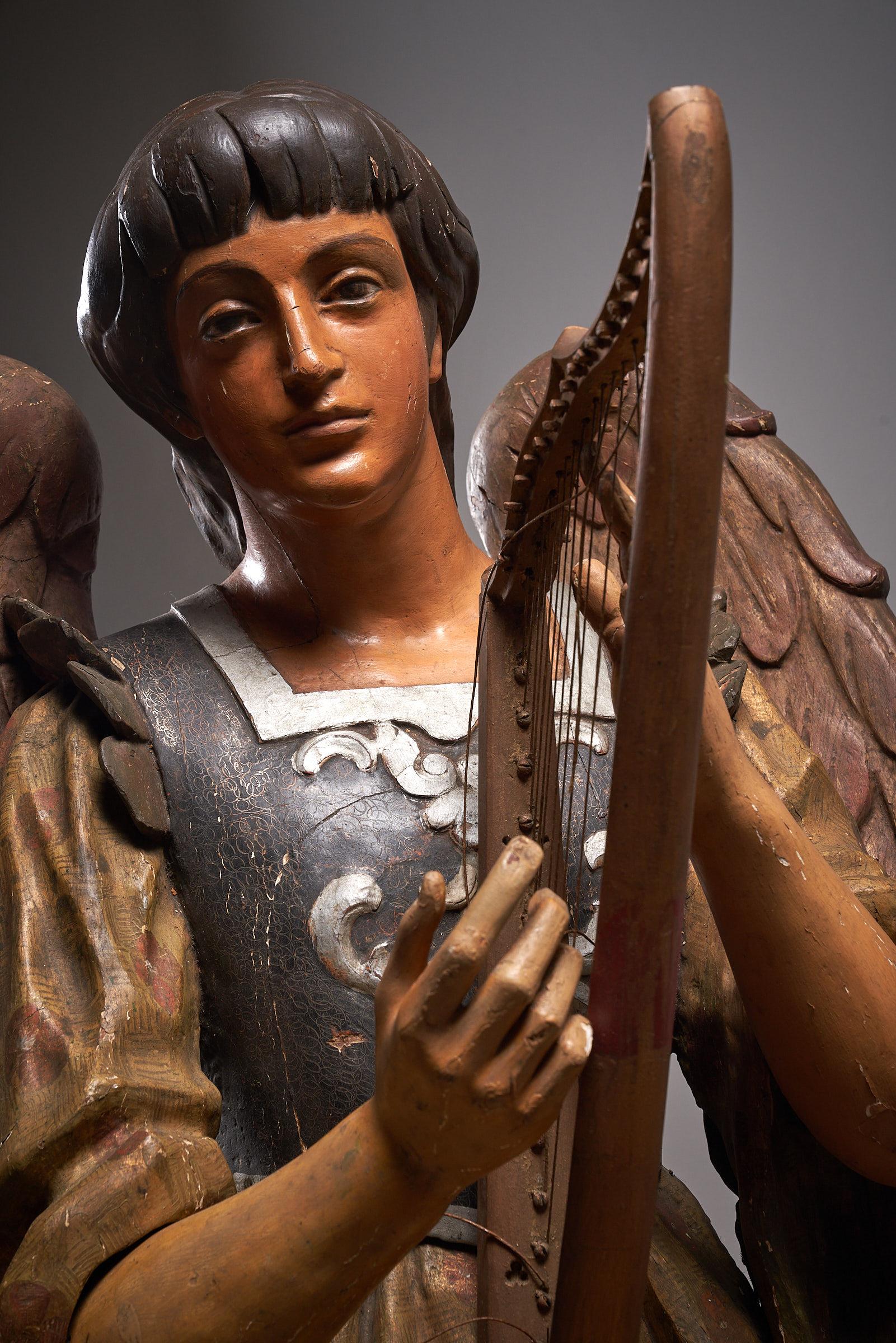 Unknown Antique Hand-Painted Wooden Angel & Harp Sculpture, 19th Century Religious Art For Sale