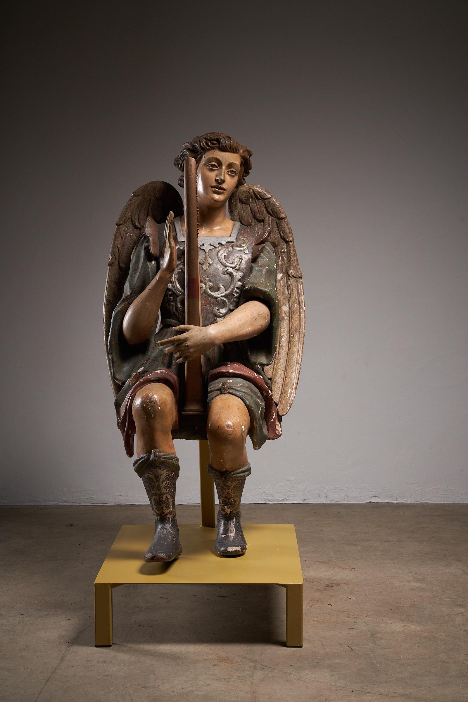 Unknown Antique Hand-Painted Wooden Angel & Harp Sculpture, 19th Century Religious Art For Sale