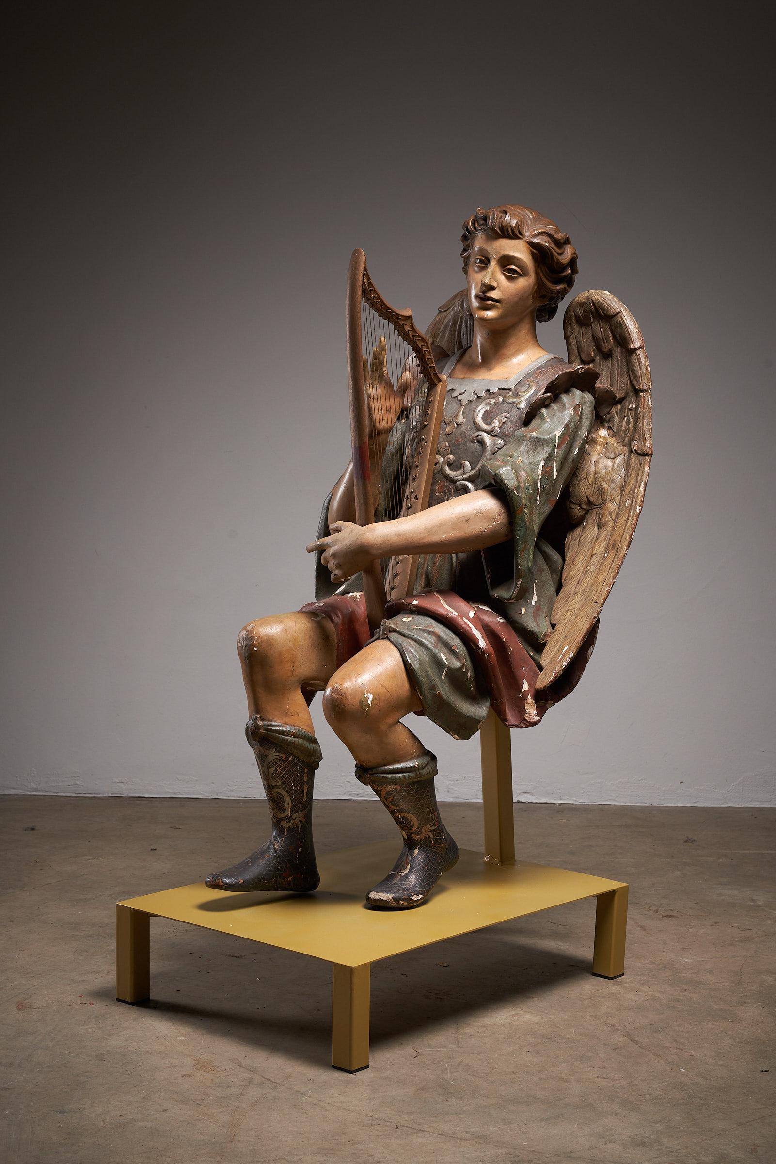 Hand-Carved Antique Hand-Painted Wooden Angel & Harp Sculpture, 19th Century Religious Art For Sale