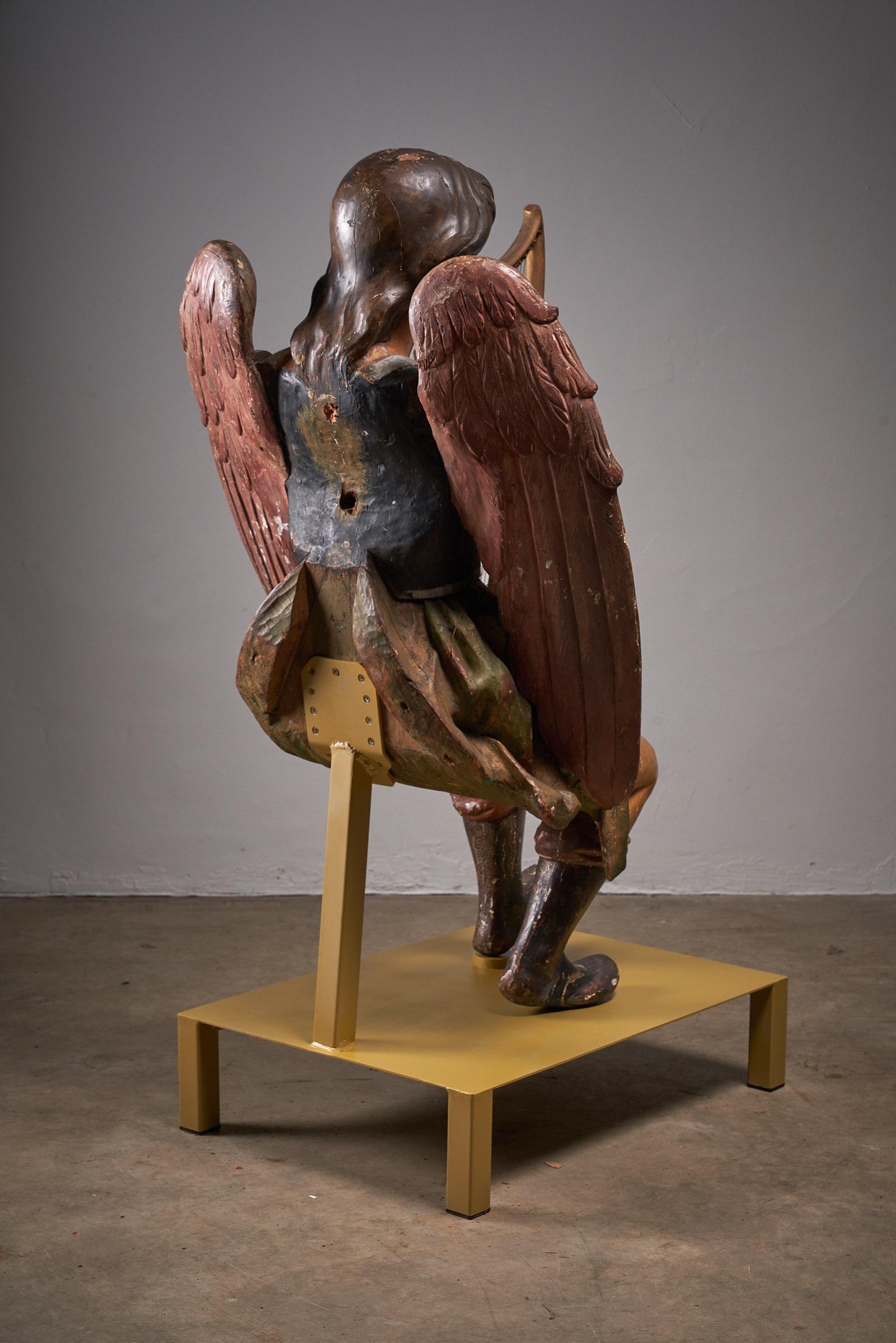 Antique Hand-Painted Wooden Angel & Harp Sculpture, 19th Century Religious Art In Good Condition For Sale In Mortsel, BE