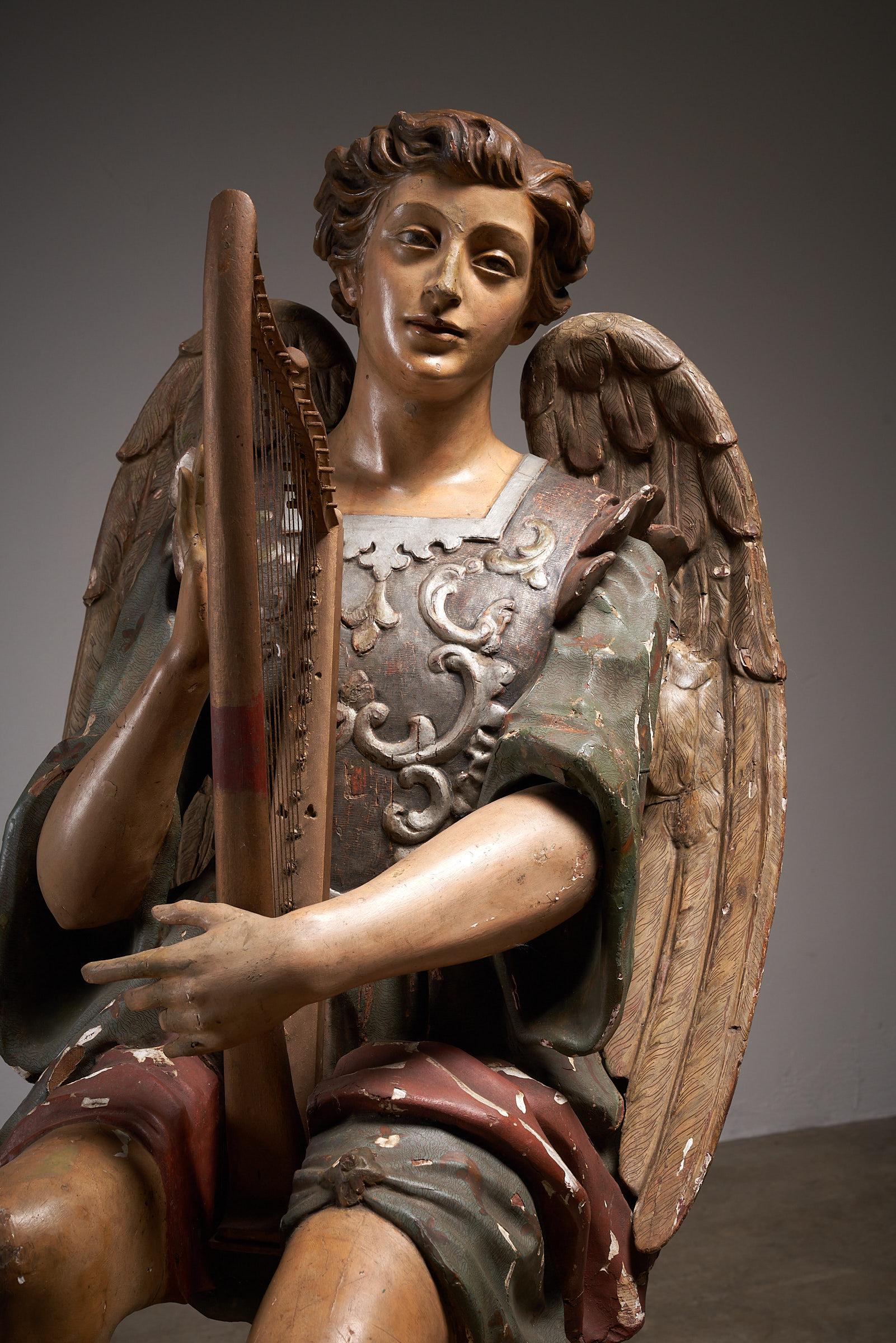 Antique Hand-Painted Wooden Angel & Harp Sculpture, 19th Century Religious Art In Good Condition For Sale In Mortsel, BE