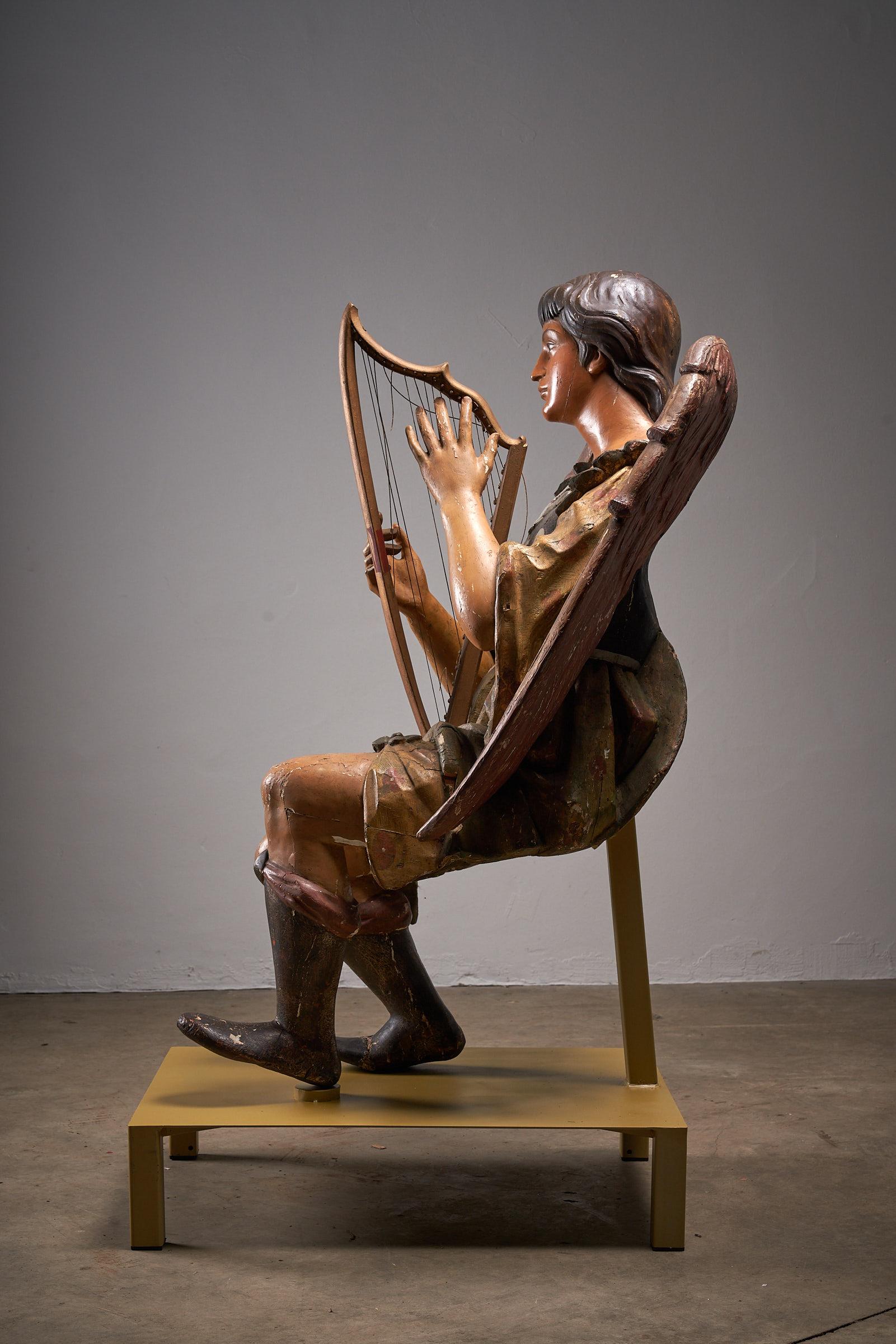 Antique Hand-Painted Wooden Angel & Harp Sculpture, 19th Century Religious Art For Sale 1