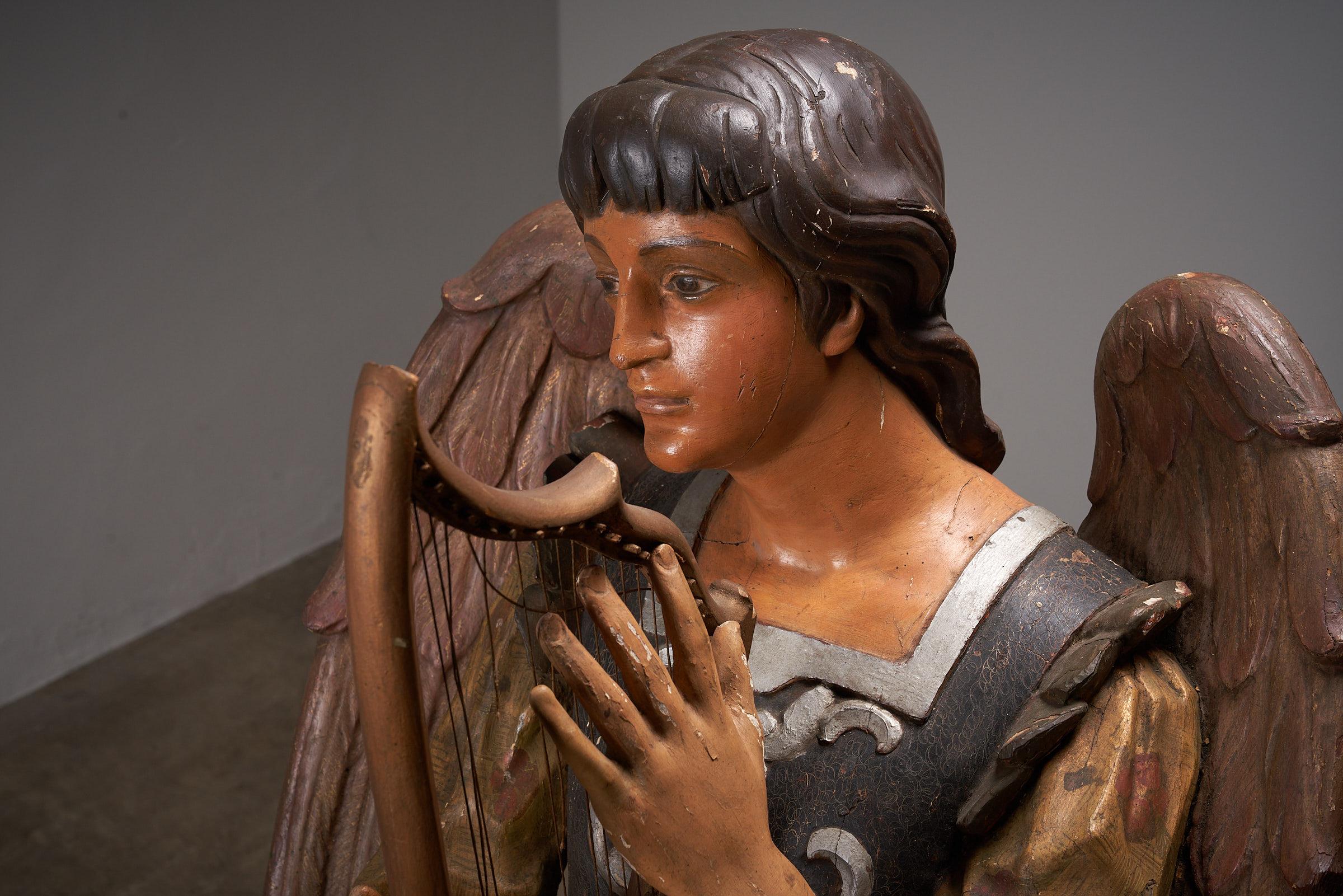 Antique Hand-Painted Wooden Angel & Harp Sculpture, 19th Century Religious Art For Sale 3