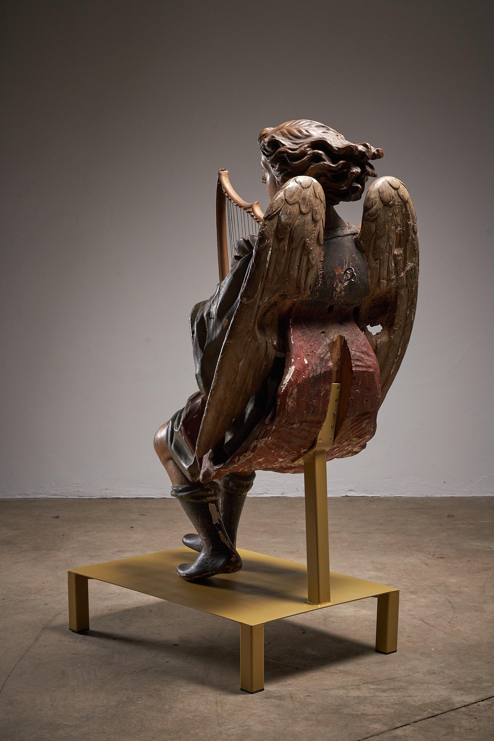 Antique Hand-Painted Wooden Angel & Harp Sculpture, 19th Century Religious Art For Sale 3