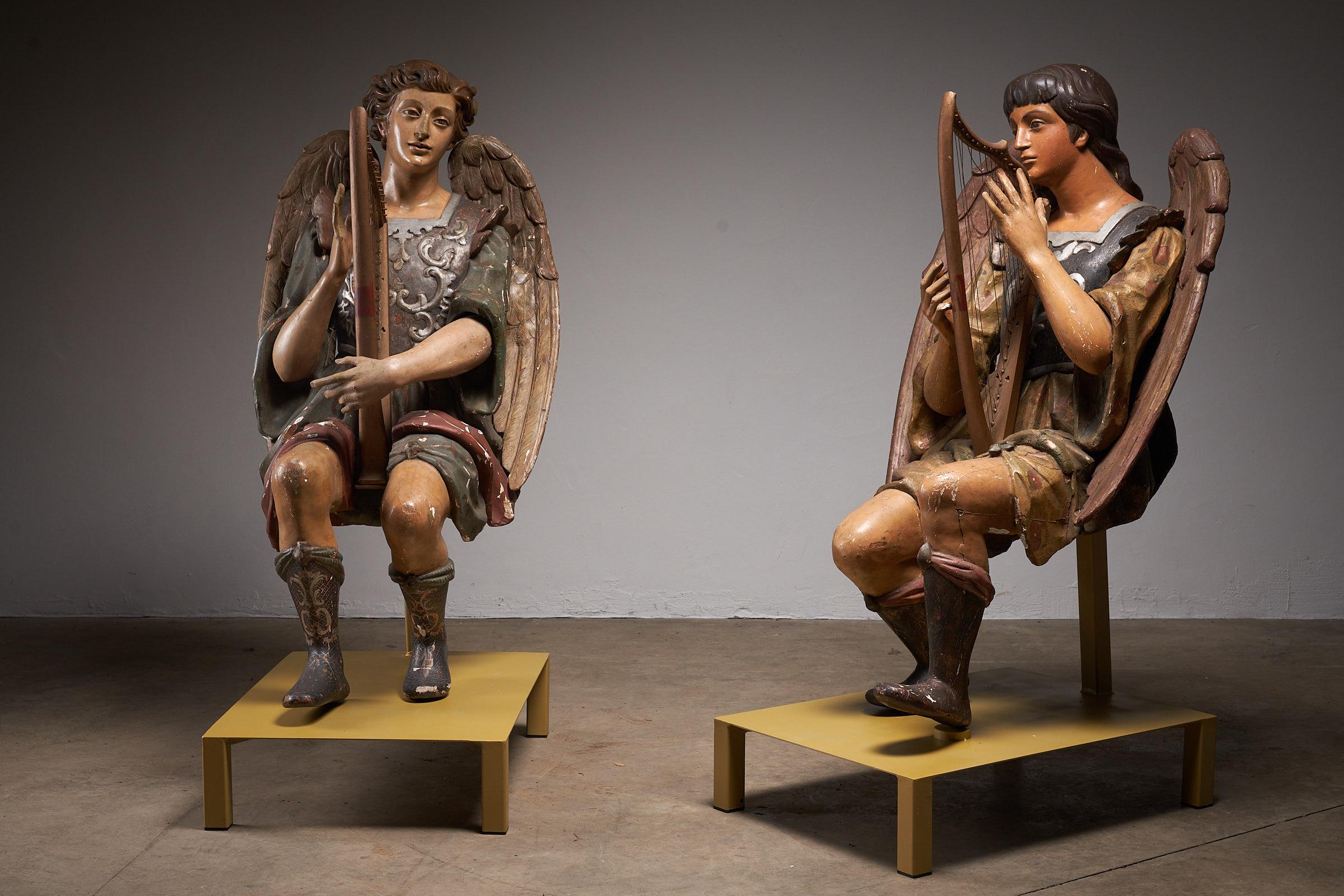 Antique Hand-Painted Wooden Angel & Harp Sculpture, 19th Century Religious Art For Sale 4