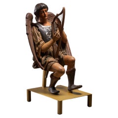 Escultura antigua de madera pintada a mano de ángel y arpa, arte religioso del siglo XIX
