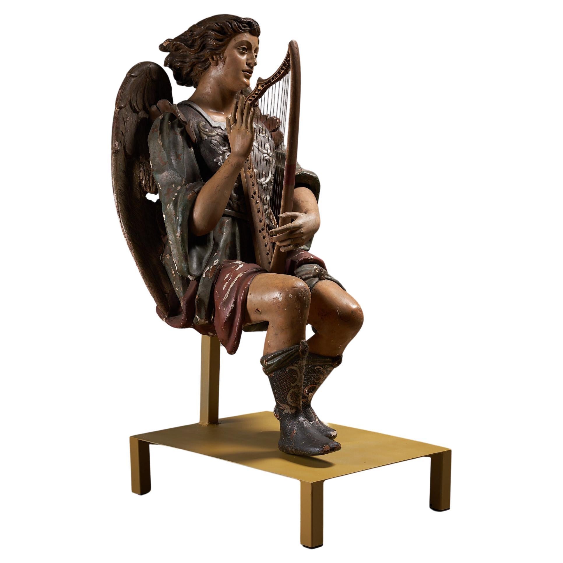 Antique Hand-Painted Wooden Angel & Harp Sculpture, 19th Century Religious Art For Sale